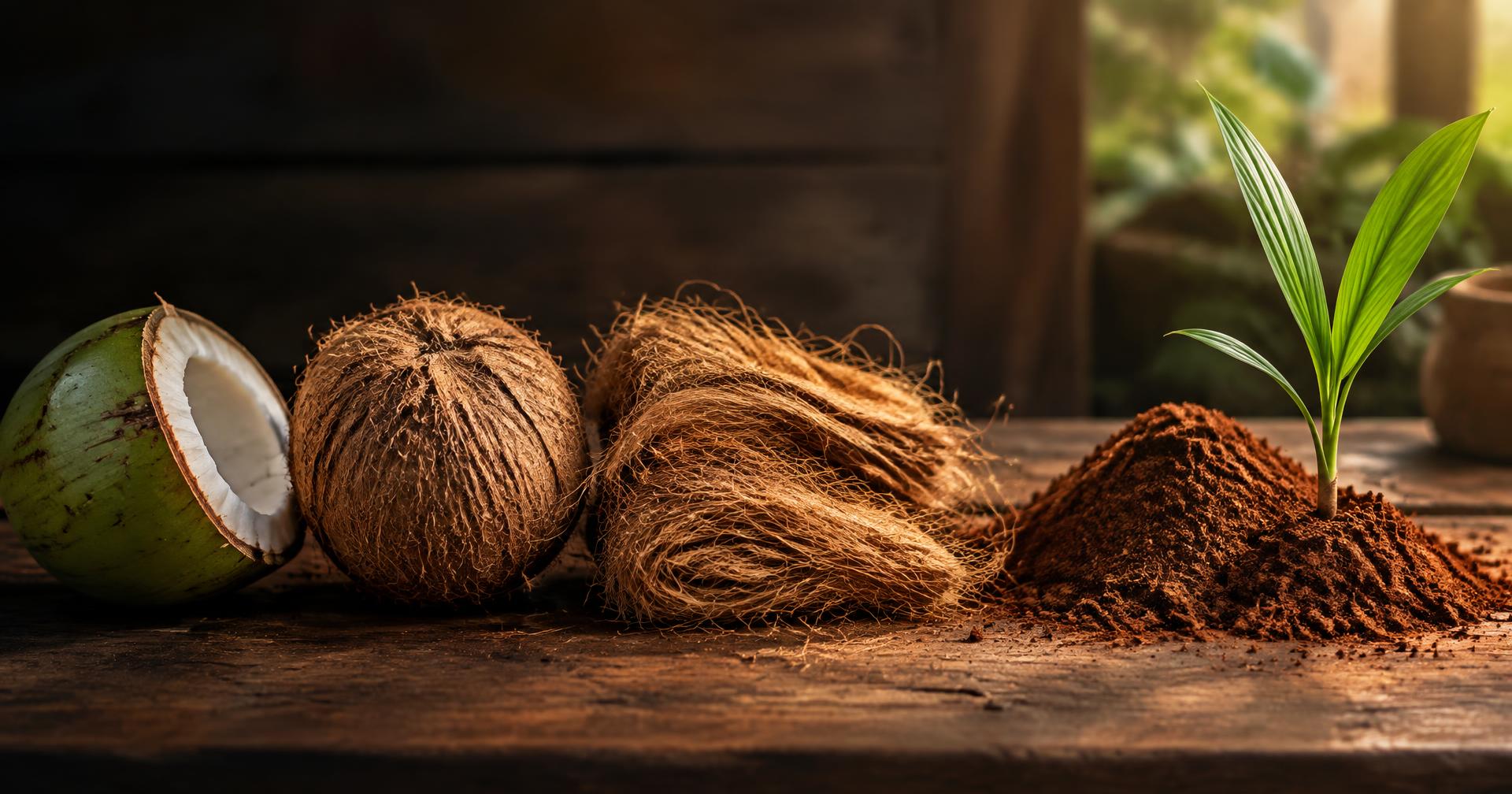 Casca de coco transformada em fibra, pó de coco e uma nova planta